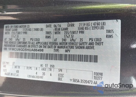 2017 Ford Escape Se from USA, damaged, VIN 1FMCU9GD5HUA86498